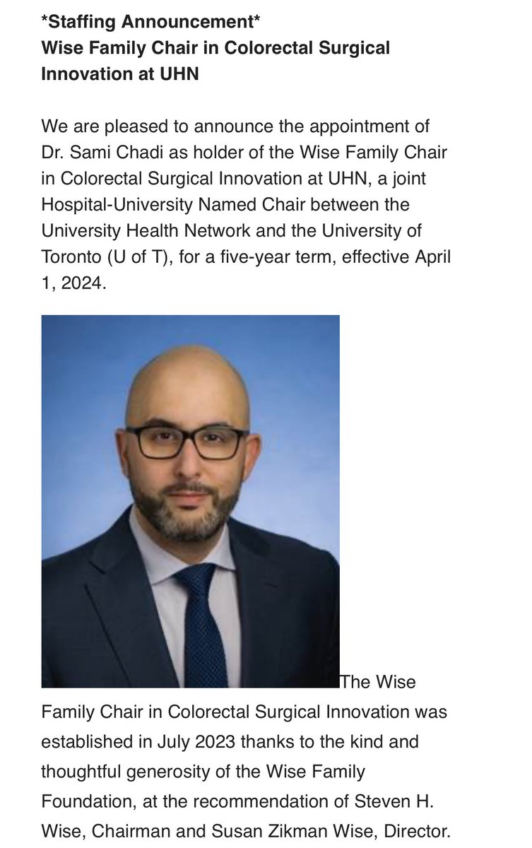 Sami A. Chadi MD (@schadi_crs) on Twitter photo The Wise Family Chair in Colorectal Surgical Innovation! - extremely grateful to <a href="/UofTSurgery/">U of T Department of Surgery</a> <a href="/UHN/">University Health Network</a> <a href="/UHN_Surgery/">UHN Sprott Department of Surgery</a> and the Wise Family Foundation to be appointed to this inaugural position! Very excited for everything we will be able to accomplish <a href="/uhncolorectal/">UHN Colorectal Program</a> The Wise Family Chair in Colorectal Surgical Innovation! - extremely grateful to <a href="/UofTSurgery/">U of T Department of Surgery</a> <a href="/UHN/">University Health Network</a> <a href="/UHN_Surgery/">UHN Sprott Department of Surgery</a> and the Wise Family Foundation to be appointed to this inaugural position! Very excited for everything we will be able to accomplish <a href="/uhncolorectal/">UHN Colorectal Program</a>