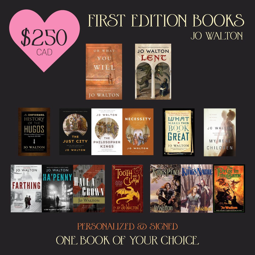 The #ArgoPatronDrive has a bunch of cool unique perks for supporters at the $250 mark and above - including this newly dropped one, available for ten lucky patrons: Signed first editions of almost any Jo Walton book! Find out more at fnd.us/argodrive2024. #indiebookstores