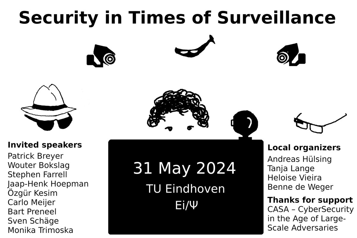 Ei/Ψ (@ei_psi) on Twitter photo Ready, set, go! Program for next Friday is up at win.tue.nl/eipsi/surveill… and registration is still open.
We need to fix the meal order tomorrow (yes, free lunch included). Please register soon.
Shoutouts to <a href="/echo_pbreyer/">Patrick Breyer #JoinMastodon</a> <a href="/bpreneel1/">Bart Preneel</a> <a href="/xotoxot/">Jaap-Henk Hoepman 🟩🟥⬛️⬜️</a> <a href="/mtrimoska/">Monika Trimoska</a> <a href="/CASA_EXC/">CASA - Cluster of Excellence for Cyber Security</a> Ready, set, go! Program for next Friday is up at win.tue.nl/eipsi/surveill… and registration is still open.
We need to fix the meal order tomorrow (yes, free lunch included). Please register soon.
Shoutouts to <a href="/echo_pbreyer/">Patrick Breyer #JoinMastodon</a> <a href="/bpreneel1/">Bart Preneel</a> <a href="/xotoxot/">Jaap-Henk Hoepman 🟩🟥⬛️⬜️</a> <a href="/mtrimoska/">Monika Trimoska</a> <a href="/CASA_EXC/">CASA - Cluster of Excellence for Cyber Security</a>