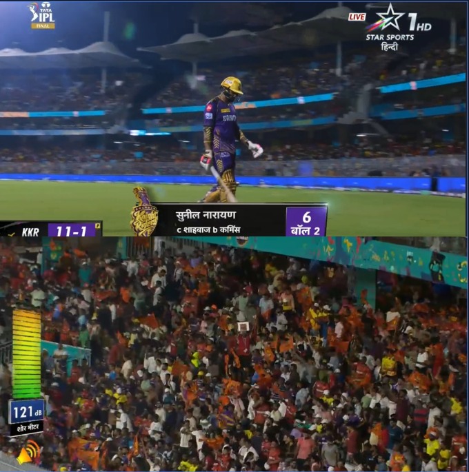 Cummins comes, Cummins 𝐒𝐓𝐑𝐈𝐊𝐄𝐒 and the Star Sports' Shor Meter peaked at 121 dB 💥 Will this crucial wicket of #SunilNarine be pivotal to bring Hyderabad back into the game❓ 📺 | #KKRvSRH | LIVE NOW | #IPLOnStar | #IPLFinalOnStar