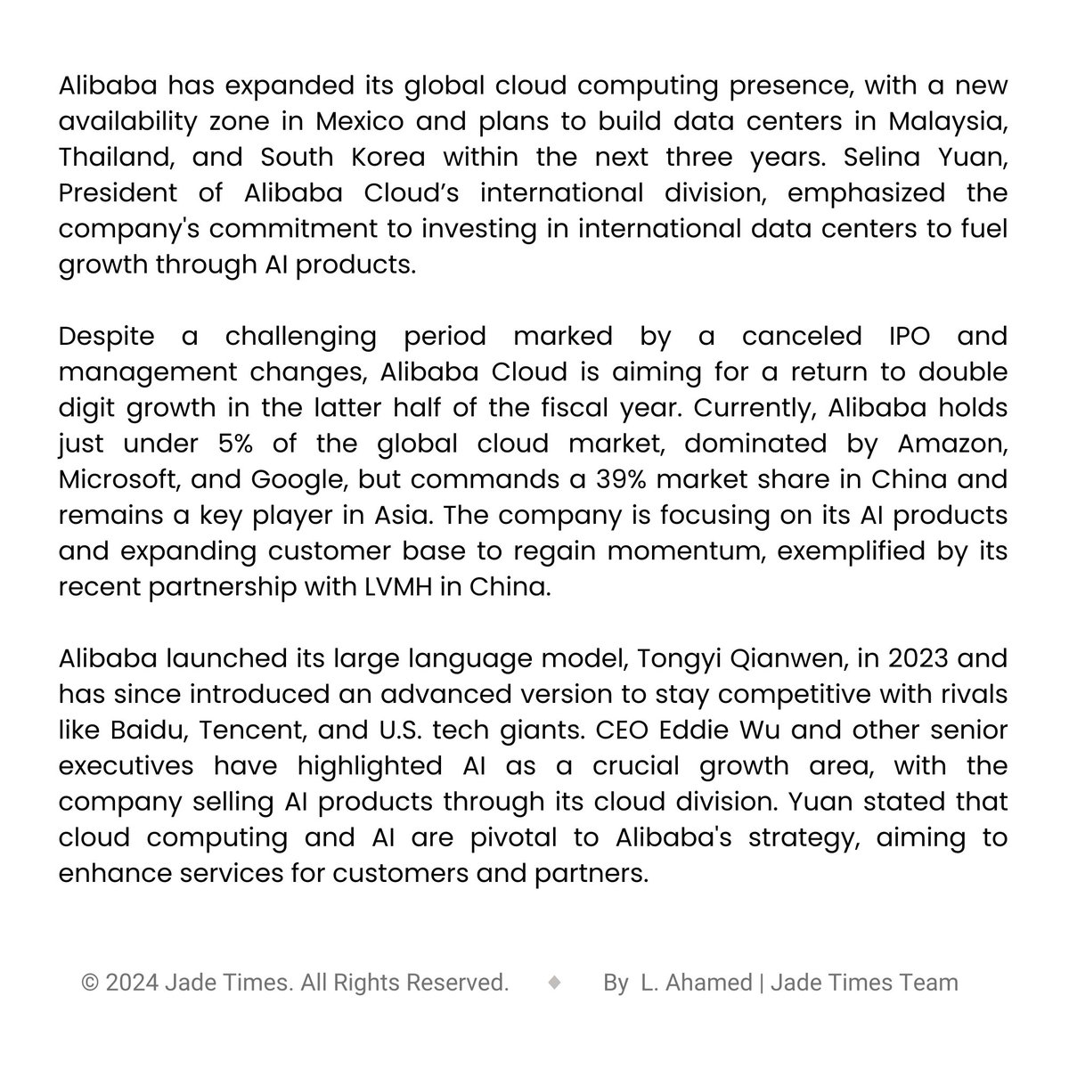 Alibaba is using AI to drive cloud growth and global expansion, aiming to catch up with U.S. tech giants
—— 
Alibaba is expanding its cloud computing globally, emphasizing AI to drive growth. 
——
Visit the link in our bio.
#jadetimes #AlibabaCloud #AIInnovation #GlobalExpansion