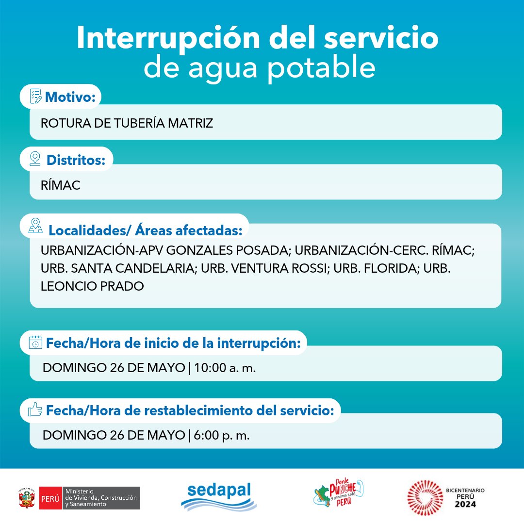 🚨 #LoÚltimo | ¡Atención #RIMAC! #Sedapal atiende una emergencia imprevista por lo que se interrumpirá parcialmente el servicio de agua en algunos sectores. Más detalles aquí 👇#InterrupciónDelServicio