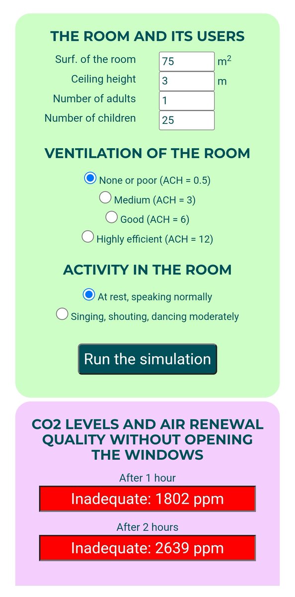 We hope this indoor air renewal simulator will help understand why this is a major problem for many public and private places. By testing different configurations, we can see the effect of poor or insufficient ventilation on indoor air quality. nousaerons.fr/simulator