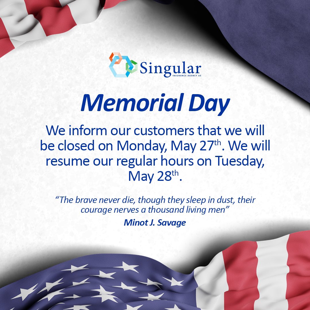 singular_us's tweet photo. Important!🚨

We will return on Tuesday, May 28th, during our regular hours. Remember that you can visit our website https://t.co/Sk33o2hSrG if you need information or contact us through direct messages📲

#SingularInsuranceUS #policies #insurance #USA #MemorialDay https://t.co/hlXiEskCTI
