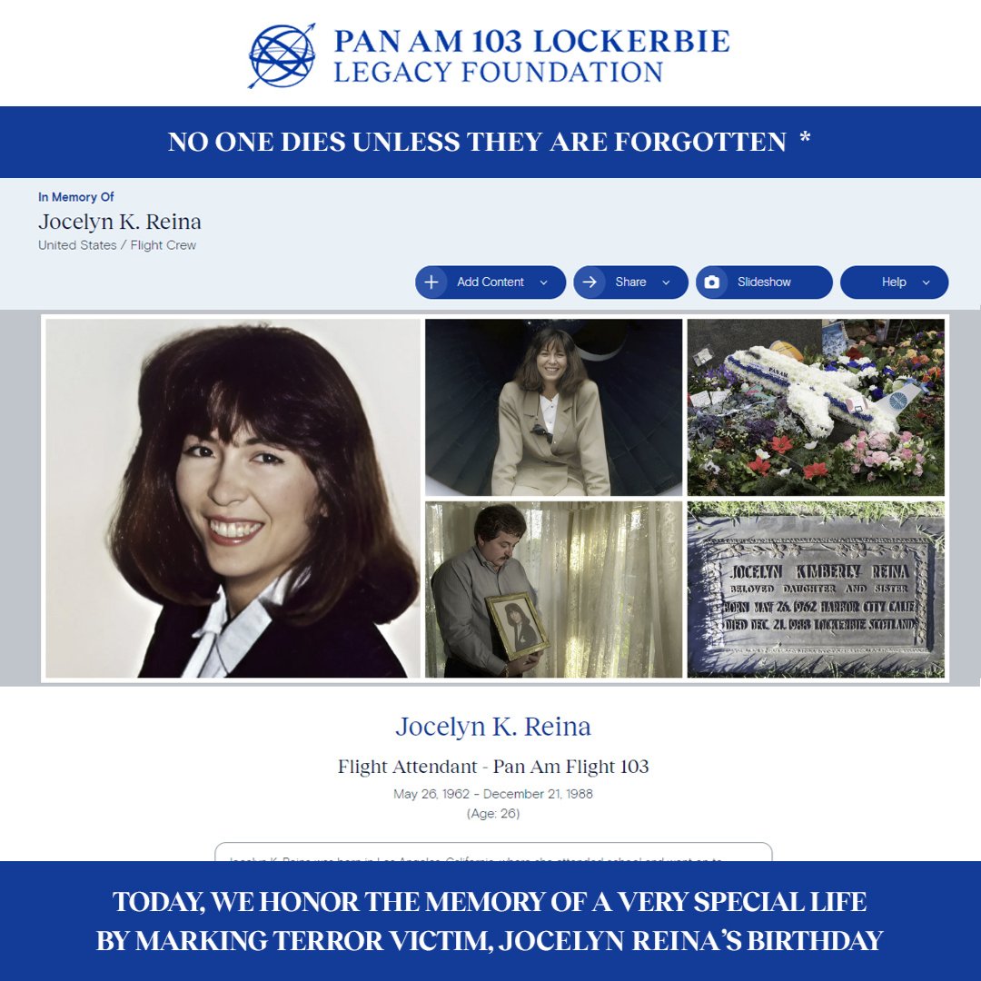 Today, we honor the memory of a very special life by marking Jocelyn K. Reina’s birthday.
pa103ll.org/living-memoria…
#rememberingpanam103 #panam103 #neverforget #goodendures #weremember #Lockerbie #panamflight103  #JusticePanAm103 #LivingMemorial #USHistory #victimsofterrorism