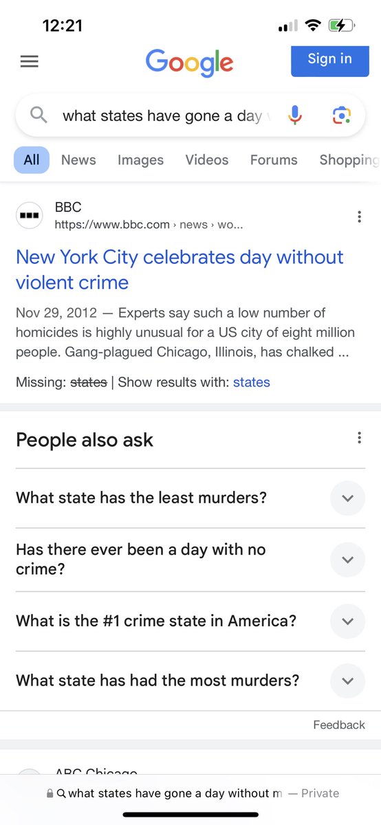 SweatyPockets's tweet photo. @jess_starlinz @MinnesotaTurd @GuliusDukatas @Jay__Sim @AnthonyGSupreme It’s quite funny he used Chicago as an example as well lmfao I searched “what states have gone a day without murder” just to confirm I’m not just spewing bullshit and after the first article about NYC in 2012  , the very next article is about Chicago in 2024. https://t.co/G8fU5nAFqC