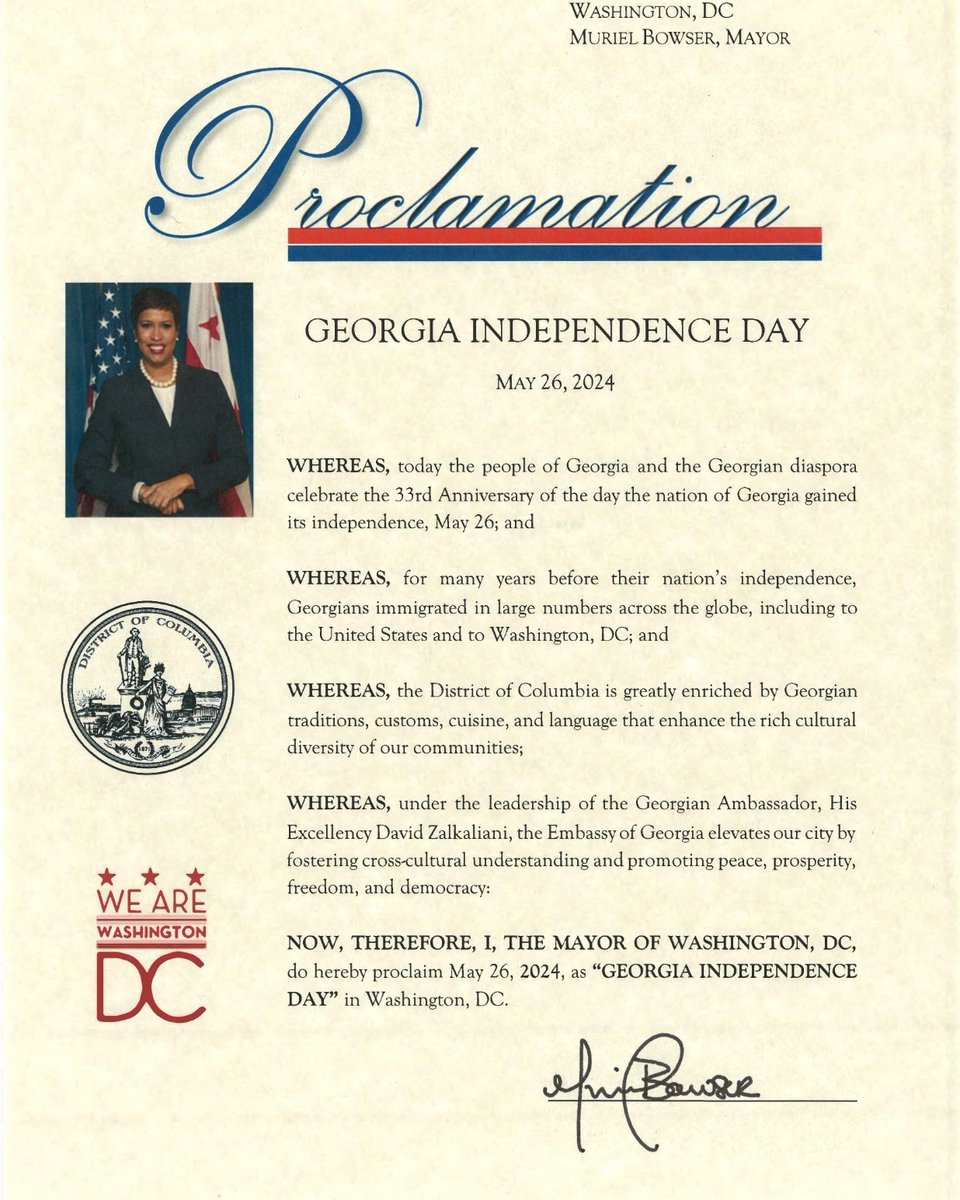 🇬🇪🇺🇸 აშშ-ის დედაქალაქის ვაშინგტონის მერი, მარიელ ბაუზერი საქართველოს დამოუკიდებლობის დღეს ულოცავს. მერის გადაწყვეტილებით, 26 მაისი ვაშინგტონში საქართველოს დამოუკიდებლობის დღედ გამოცხადდა. 

🇬🇪🇺🇸 Washington D.C. Mayor Muriel Bowser congratulates our nation on Independence Day and