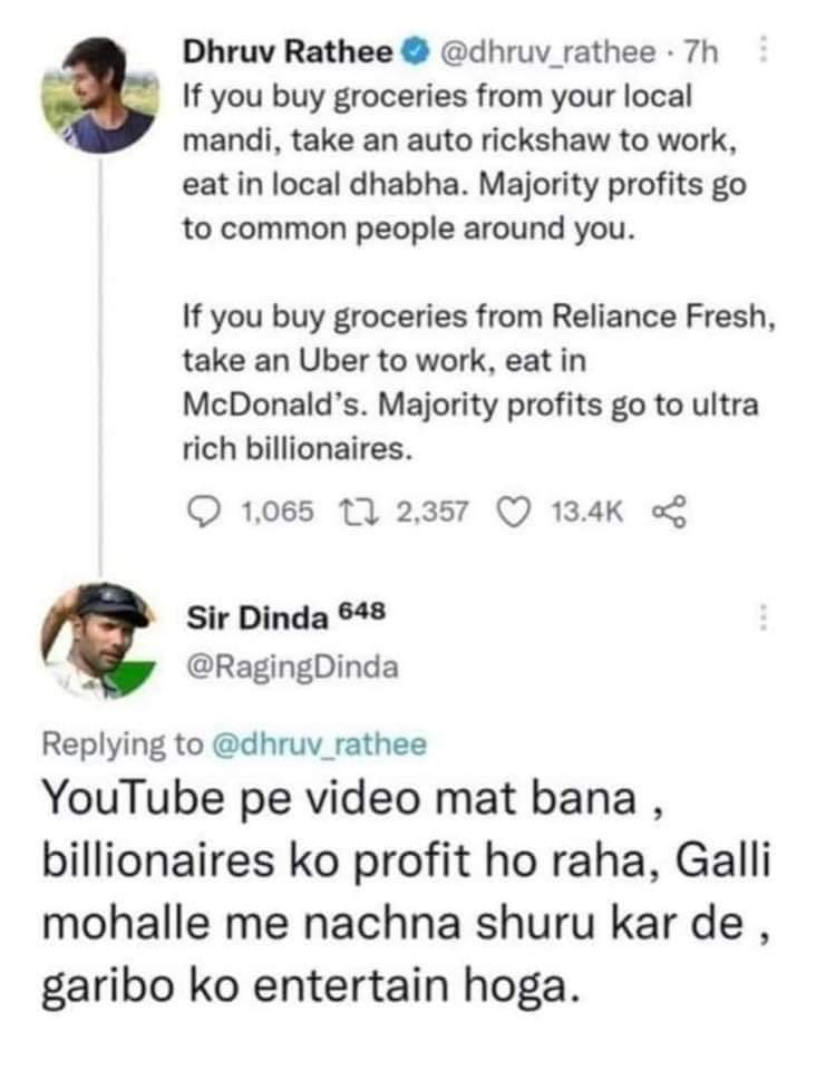 Why didn't he mention Tata Bigbasket, Swiggy Instamart or Blinkit? Why target only Reliance? Anyway, excellent trolling.