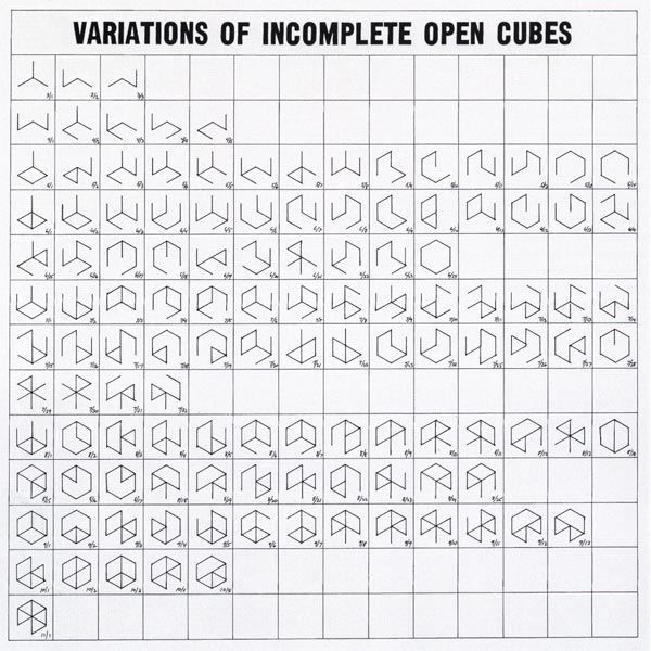 “The idea becomes a machine that makes the art”. Sol Lewitt, Variations of Incomplete Cubes. 1974. The work consists of 122 frame structures, each presented with diagrams arranged in a matrix. Each sculpture represents a 3D cube with some edges removed, keeping its