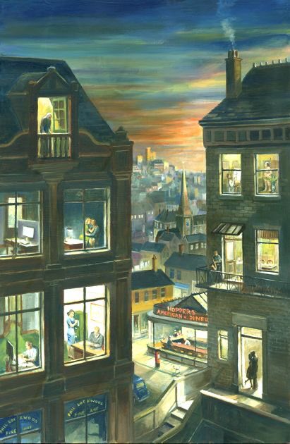 Finally for today We are lucky to have a copy of this on our wall. No it’s not Hopper it’s naughty ex Sheffield teacher Phil Lockwood. He’s very good Bottom left windows you will see his name. Thanks my XTwitterarty Back tomorrow with more Helen 🐝🌷DrS⛵️👨‍🍳and Max💚🐶🙄