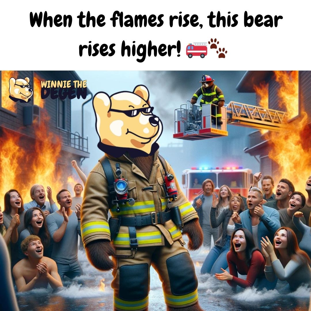 Bear-ly believable bravery! Firefighter Bear to the rescue! 🐾🔥
 #WinnieTheDegen #MemeCoin #Meme #BearHero $Winnie #FirefighterBear #BearRescue