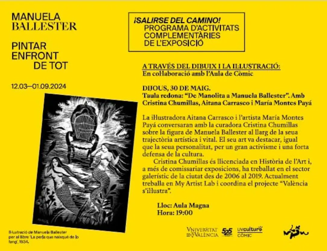 Interesante programa de actividades complementarias sobre la #exposición de la artista republicana #ManuelaBallester que se exhibe actualmente en <a href="/LaNauuv/">UVcultura / La Nau</a> hasta el 1 de septiembre <a href="/bibliotequesuv/">Biblioteques UVEG</a> <a href="/artedecercanias/">arte de cercanías</a> <a href="/ARTEesp/">ARTE.tv en español</a> <a href="/museoreinasofia/">Museo Reina Sofía</a> <a href="/CA2M_Madrid/">CA2M. Museo Centro de Arte Dos de Mayo</a>