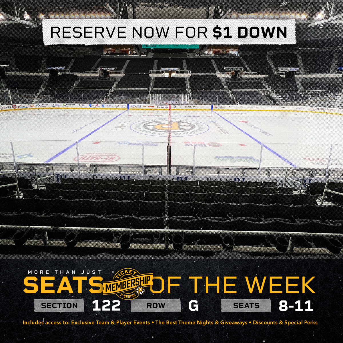 #AHLBruins Seats of the Week are back with a new limited-availability location every Sunday! This week get Sect 122, Row G, Seats 8-11 for just $1 down PLUS get your new seats INCLUDED for the Boston Bruins Black & Gold Game at The AMP! Reserve Now ➡️ bit.ly/3WLih6d