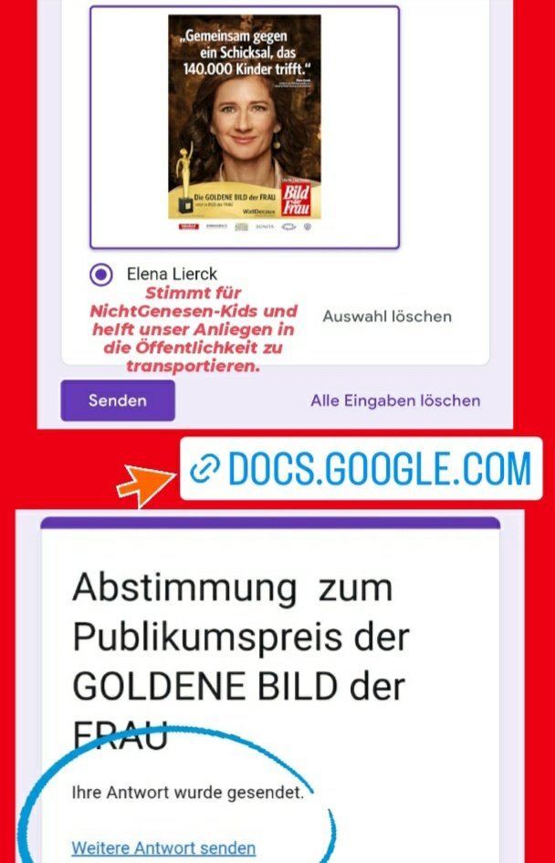 Nochmal und nochmal und immer wieder, stimmt ab und gebt den NichtGenesen-Kids eine Stimme. Transportiert unser aller Anliegen in die Öffentlichkeit. <a href="/bildderfrau/">Bild der Frau</a>
docs.google.com/forms/d/e/1FAI…