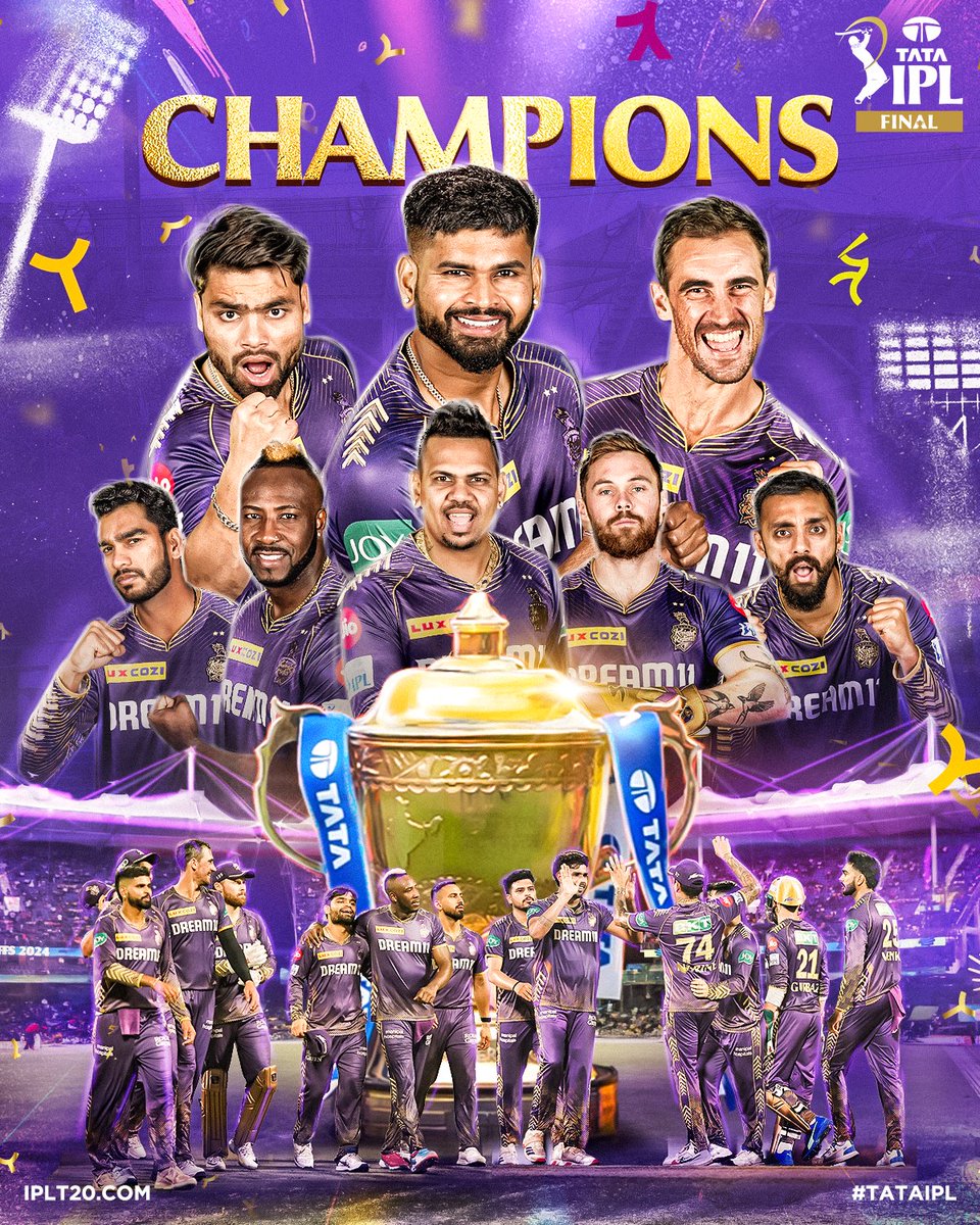 𝗖𝗛𝗔𝗠𝗣𝗜𝗢𝗡𝗦 𝗢𝗙 #𝗧𝗔𝗧𝗔𝗜𝗣𝗟 𝟮𝟬𝟮𝟰 😍🏆 The 𝗞𝗢𝗟𝗞𝗔𝗧𝗔 𝗞𝗡𝗜𝗚𝗛𝗧 𝗥𝗜𝗗𝗘𝗥𝗦! 💜 #KKRvSRH | #Final | #TheFinalCall | @KKRiders