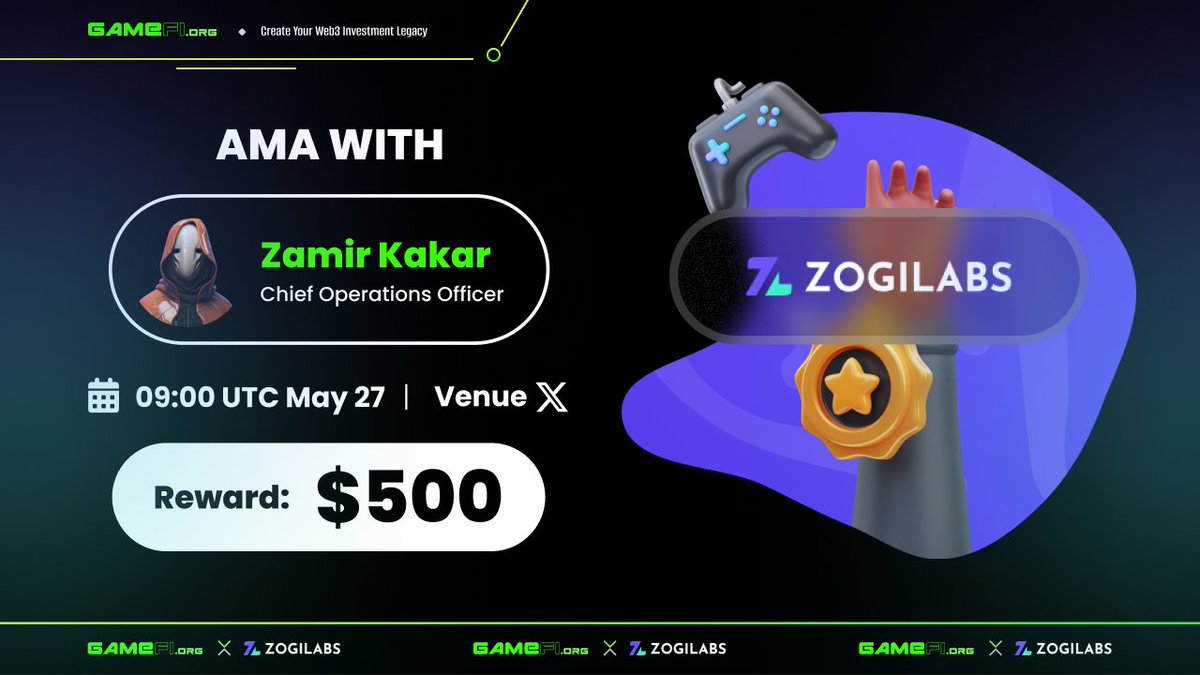 GameFi.org x Zogi Labs: The 1st Decentralized Gaming-As-A Service Product 🔥 💰 Reward: $500 ⏰ 09:00 UTC May 27 📍 Set reminder here: x.com/i/spaces/1owxw… Host: Go - GameFi.org Guest: Zamir Kakar - COO Rules: 1. Follow Twitter: @GameFi_Official