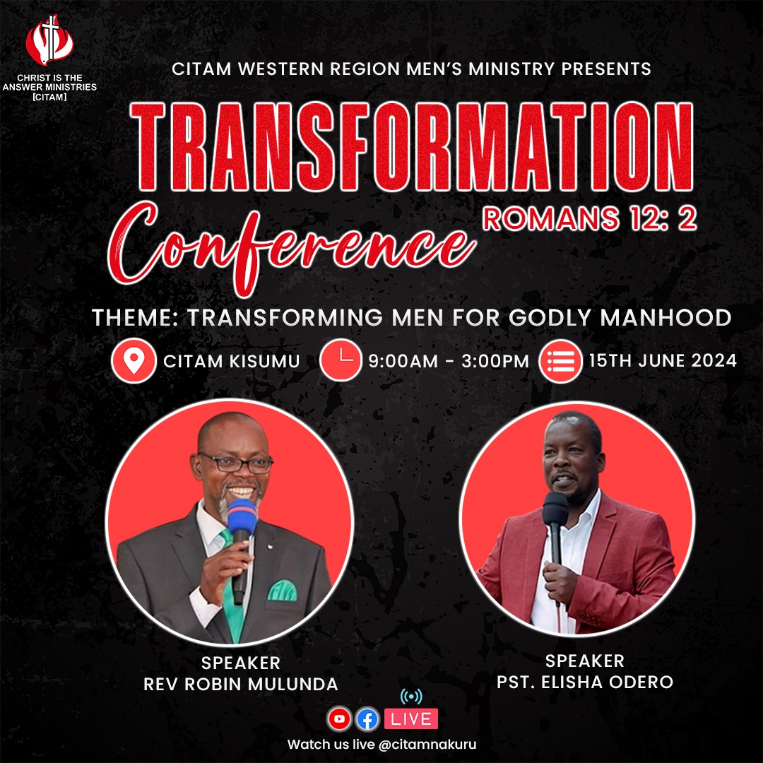 citamkakamega's tweet image. Attention all Men! The CITAM Western Region Men&apos;s Ministry invites you to the Transformation Conference happening at CITAM Kisumu on 15th June, 2024.
Theme: Transforming Men for Godly Manhood. Don&apos;t miss out!
#TransformationConference
#CITAMKakamega
#TakingNewTerritories
#TNT