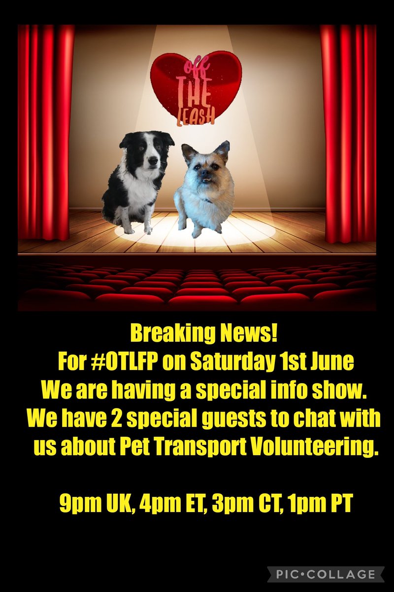 BREAKING NEWS! Attention please We have 2 special guests lined up to help us do a Pet Transportation Volunteering special for #OTLFP @OffTheLeashFP on Saturday 1st June Come along & Join the fun 9pm UK 4pm ET 3pm CT 1pm PT Search🔎#OTLFP to join in & follow the show