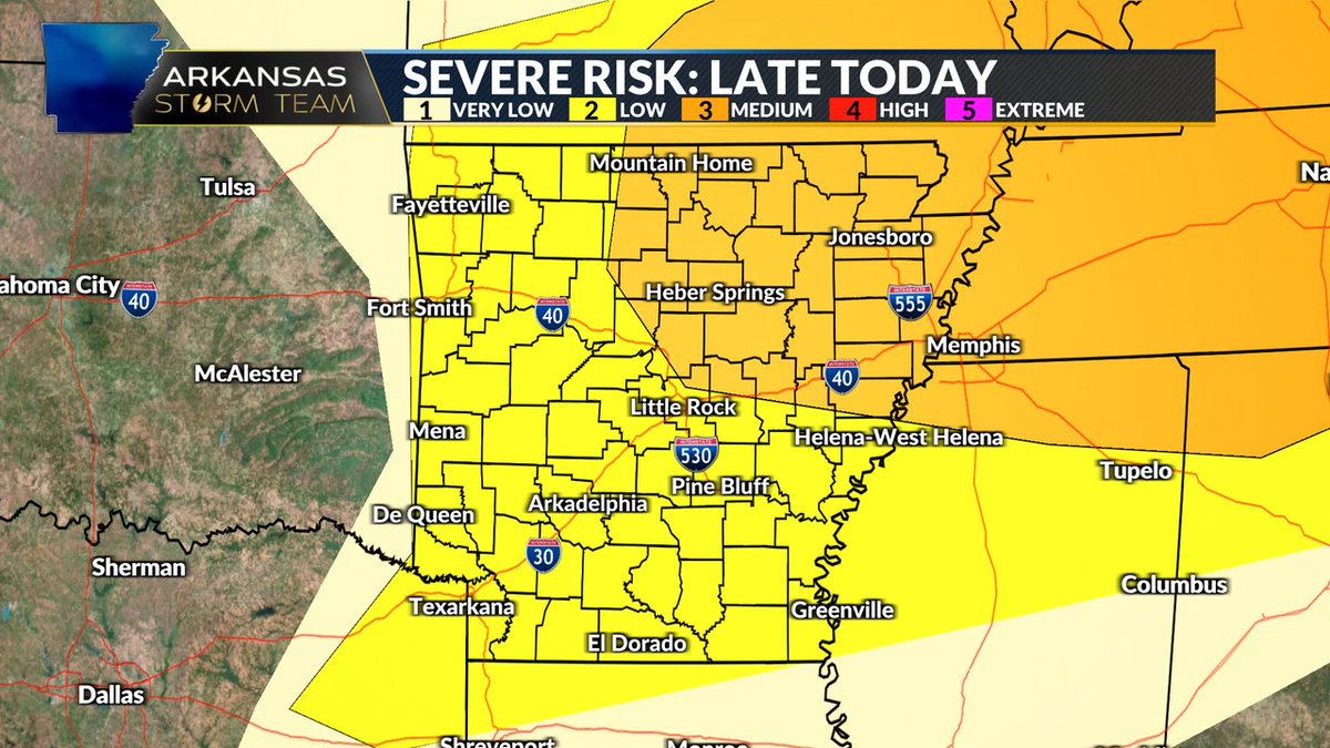 This is what I was afraid of when I was going over data last night.  The threat for severe storms goes to medium for central, east, and northeast Arkansas later today.  We're ready and will be there 4 you. #arwx #ARStormTeam