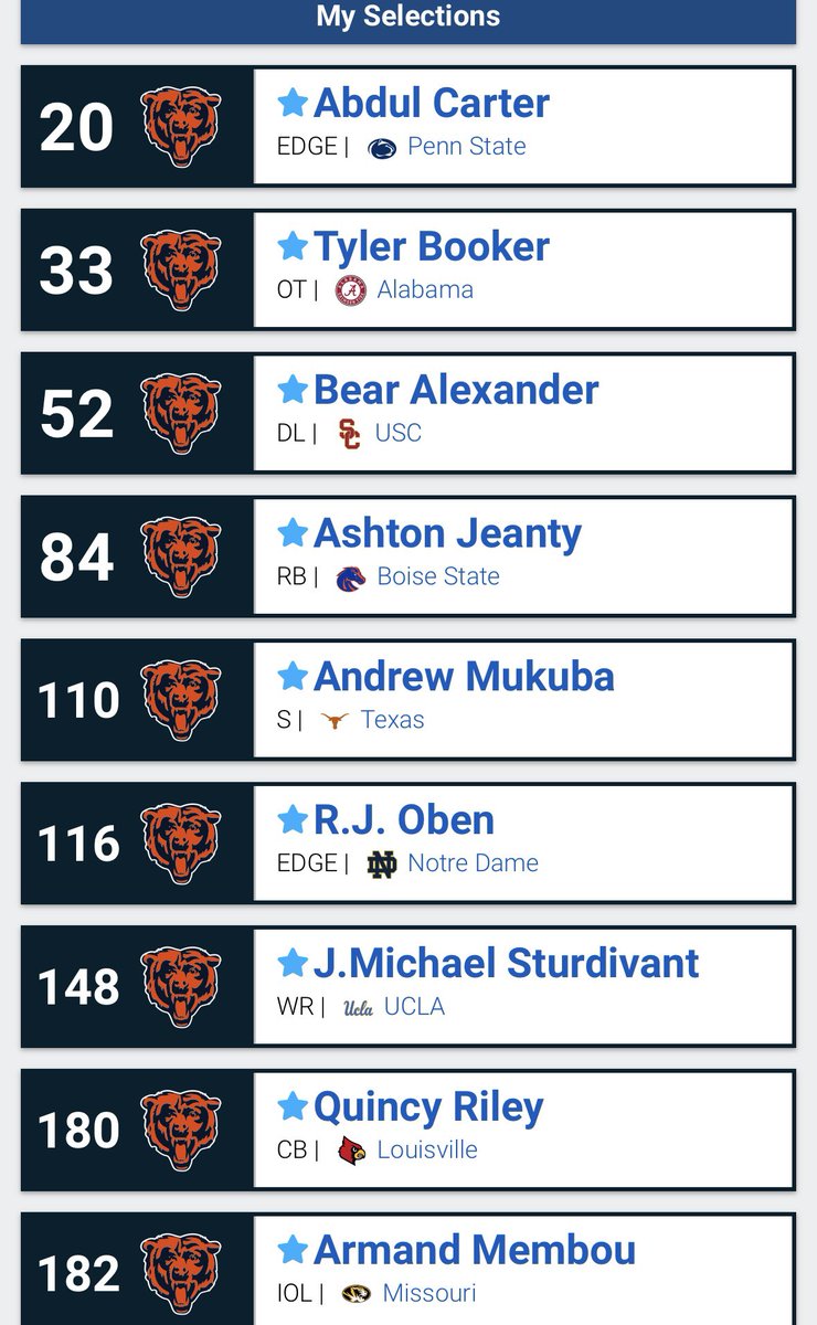 Here’s a fun #Bears 2025 mock draft for you guys. Carter’s ceiling as an EDGE is absurdly high, and Booker is a damn good guard. And even though RB isn’t a need, I just couldn’t pass up on the value of Jeanty in Round 3.