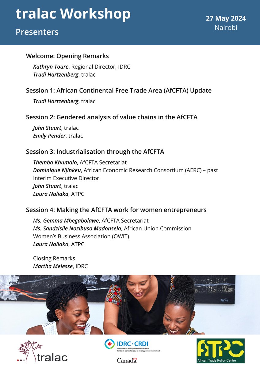 HAPPENING TOMORROW! tralac will be hosting a workshop in Nairobi on Harnessing the potential of the #AfCFTA’s Women and Youth Protocol: Lessons from new data, evidence &amp; analysis to support continental value chains

🕘 09:00 - 15:30 GMT+3

Register: bit.ly/3wIyj8k