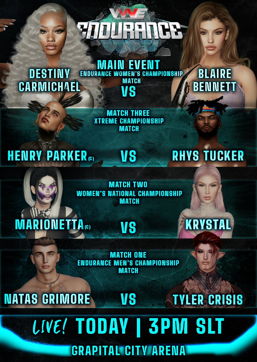 Hey VWE Fam...

Today is a big day for Endurance!

The inaugural Endurance Champions will be crowned tonight!

And...

The VWE Women's National Championship will be on the line, and the VWE Xtreme Championship!

3 PM SLT
RIDE: maps.secondlife.com/secondlife/Gra…