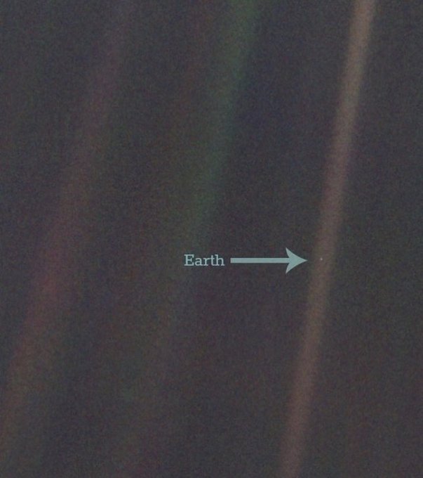 The Pale Blue Dot is an iconic photograph of Earth taken by NASA's Voyager 1 Spacecraft on February 14, 1990. When Voyager 1 was 3.7 billion miles (6 billion kilometers) miles from the sun, far beyond Neptune, mission managers commanded it to look back toward home for a