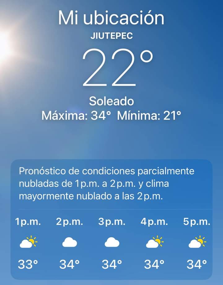 Pronóstico meteorológico para este domingo 26 de mayo; en el municipio de #Jiutepec se espera un día soleado, con una temperatura máxima de 34 °C ☀️