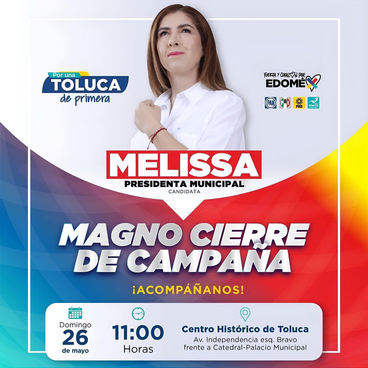 ¡Hoy es el gran día! Te esperamos en el cierre de campaña de nuestra próxima presidenta municipal, @melissavargasmx. Ven y celebra con nosotros en el Centro Histórico de Toluca a las 11:00 AM. ¡Vamos a rescatar juntos a #TolucaLaBella! Nos vemos en unos minutos.