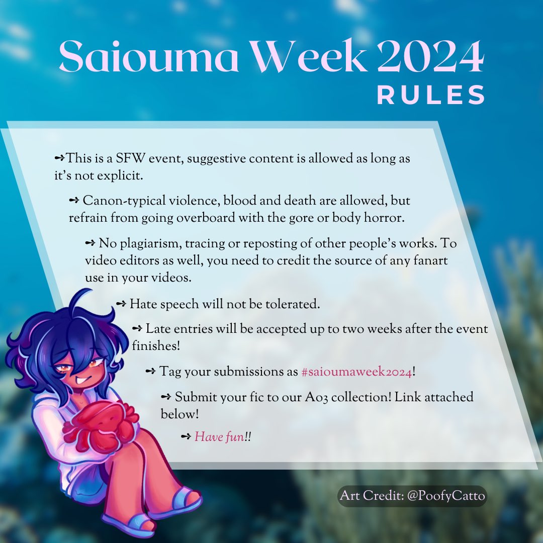 #saioumaweek2024 is here with a brand new set of prompts! 

Please be mindful of the rules for this event. We hope you all enjoy this, and happy Saiou-ing! 💙💜

📆 JUNE 15 - 21 📆