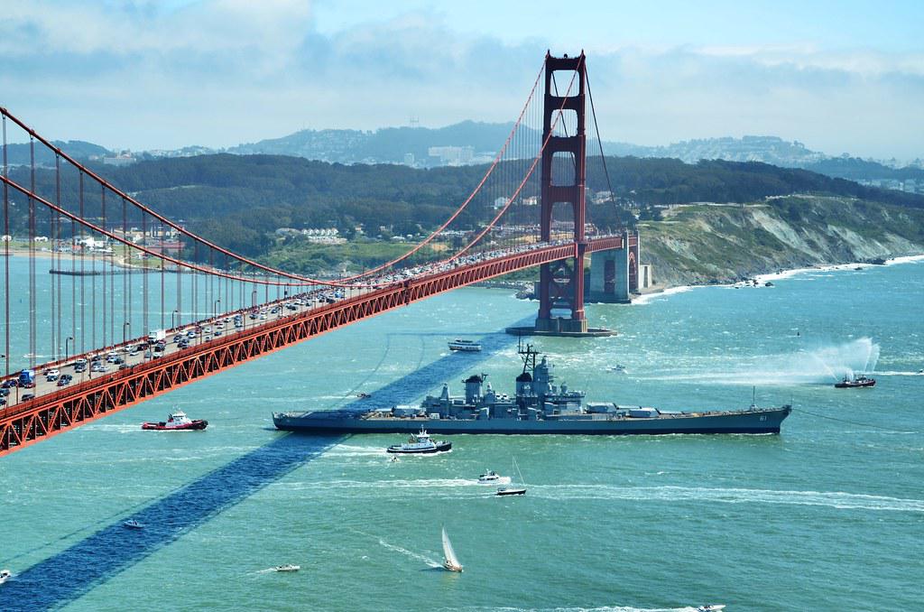 #OTD in 2012, thousands of spectators watched as USS Iowa passed under the Golden Gate Bridge and into the Pacific on her final voyage. The venerable battleship was towed from the San Francisco Bay to the Port of Los Angeles where she became a floating museum.