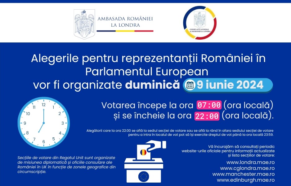 Mai sunt2⃣săptămâni până la alegerile pentru reprezentanții României în Parlamentul European,care vor avea loc duminică, 9 iunie 2024. ⏰Intervalul orar de votare: 07:00-22:00 (ora locală). 📍Pentru lista secțiilor organizate în UK&informații actualizate: londra.mae.ro/node/2563