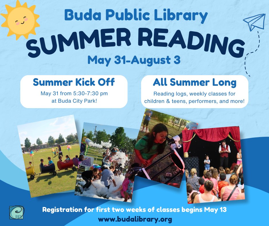 Join the #BudaLibrary Summer Reading Kick Off on 5/31 at #BudaTX City Park from 5:30-7:30 p.m.! Enjoy art projects, a foam machine, the wiggle waggle train, and more. Don't forget to bring your towel and swimsuit! Register now and discover more at ow.ly/EZJK50RPe3S #BudaFun