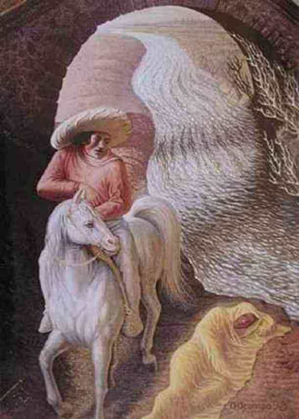 Obraz meksykańskiego malarza Octavio Ocampo.

Twarz starca, młody jeździec, dziewczyna śpiąca nad rzeką, czy kamienna brama?