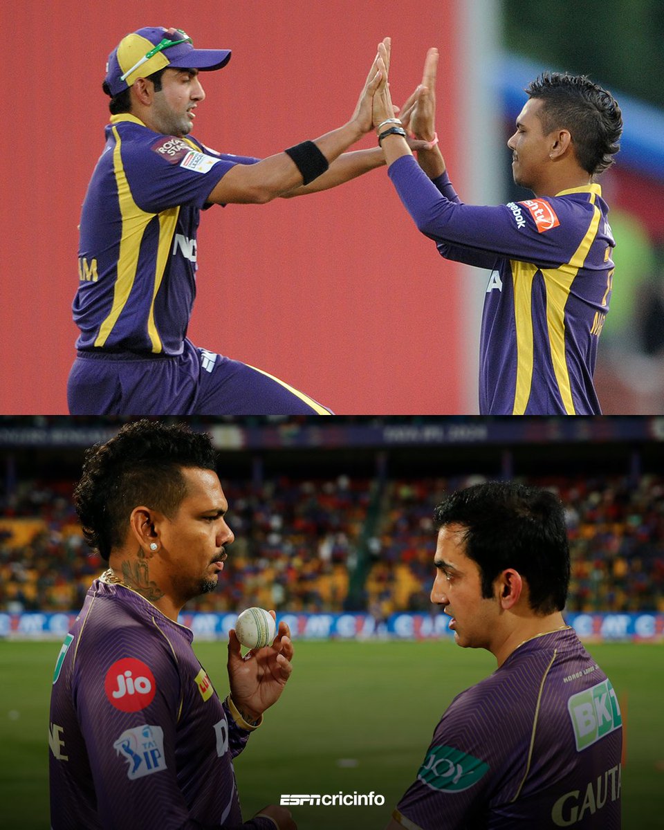 Sunil Narine: ◾ 3 IPL titles as KKR player Gautam Gambhir: ◾ 2 IPL titles as KKR captain ◾ 1 IPL title as team mentor KKR legends 🤝