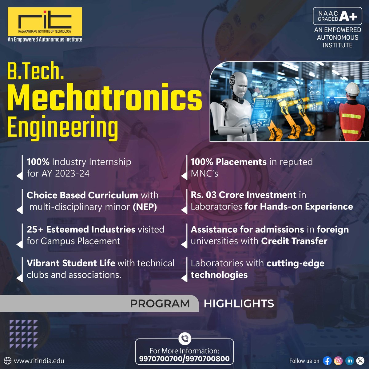 Transform the world with our Mechatronics Engineering program! Dive into the exciting blend of mechanics, electronics, and robotics. Apply now and become a leader in innovative technology! 🤖🔧 #EngineeringAdmissions #Mechatronics #TechLeaders
