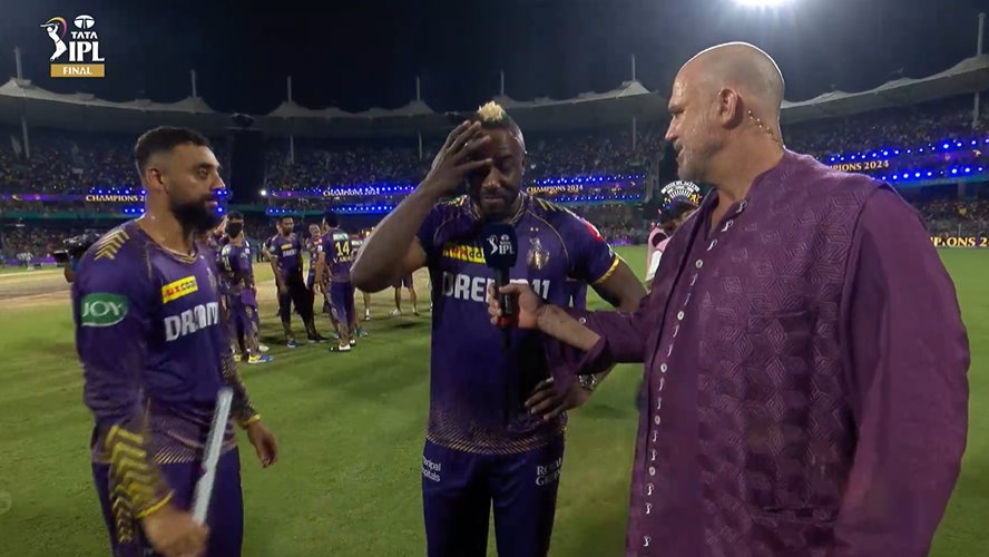 AwaaraHoon's tweet photo. Andre Russell in tears, it's his first IPL final for KKR and he won it 🥺💜 https://t.co/4DNrSjwGOl