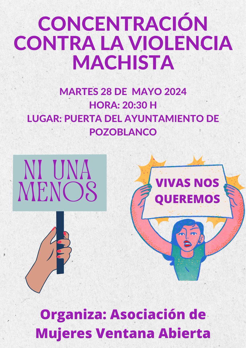 Este martes, 28 de Mayo a las 20:30 h en la Puerta del Ayuntamiento de Pozoblanco, CONCENTRACIÓN para recordar a las mujeres asesinadas por violencia machista durante este mes.
Te esperamos!!!
#Hartas
#vIvasnosqueremos
#Niunamenos