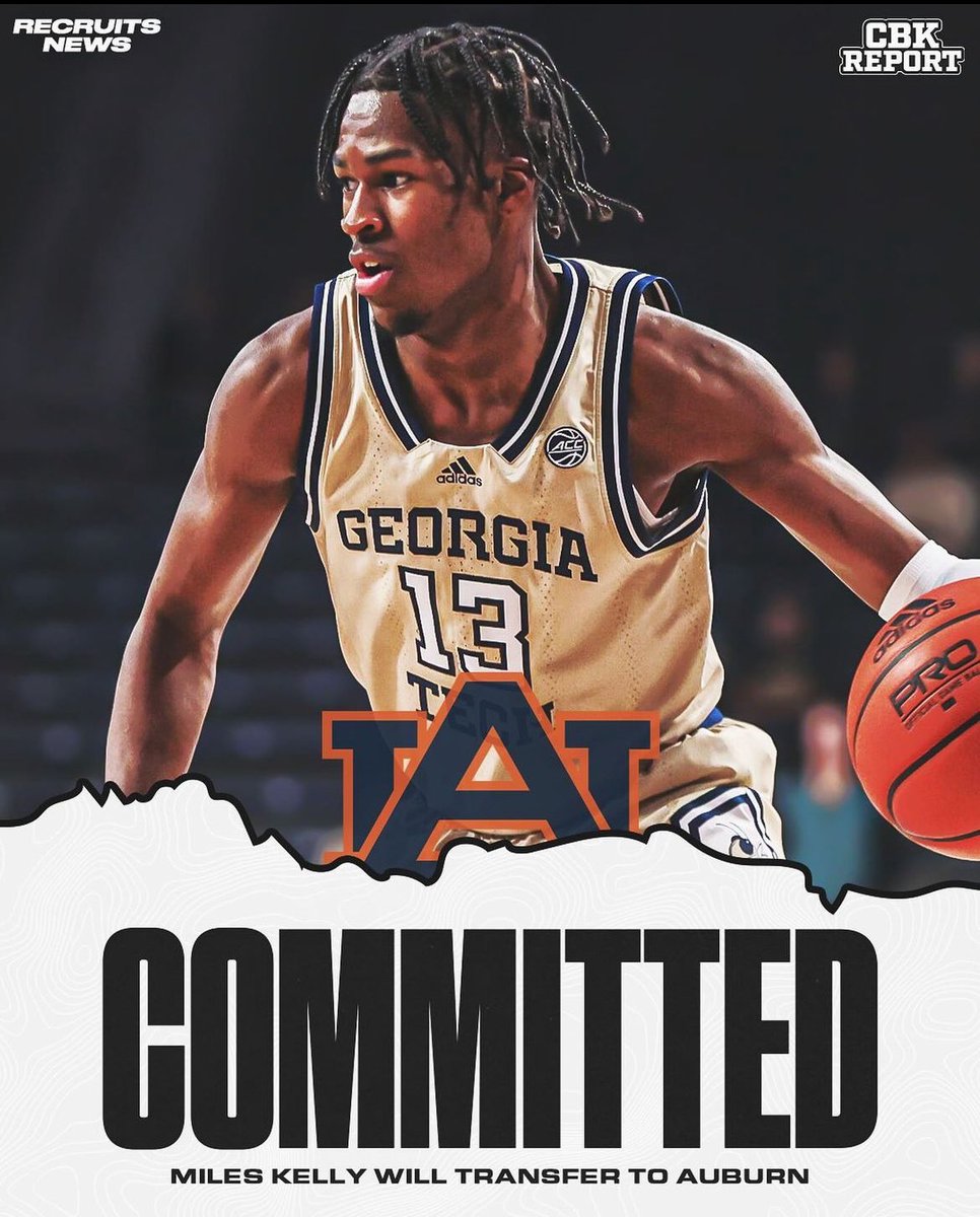 Miles Kelly has committed to Auburn! 🦚 Kelly averaged 13.9 PPG and 5.5 RPG at Georgia Tech this past season. Portal Bruce 👨‍🍳