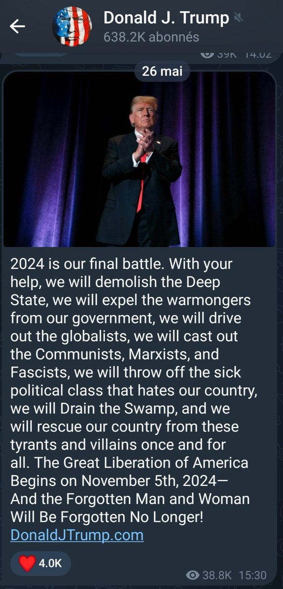 🇺🇸2024 est notre dernière bataille. 
Avec votre aide, nous #démolirons l'État profond, nous expulserons les bellicistes de notre gouvernement, nous chasserons les #mondialistes, nous #chasserons les communistes, les marxistes et les fascistes, .....

#DonaldJTrump🦅🇺🇸