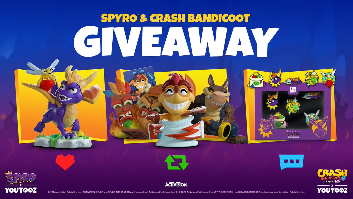 🍎 crash & spyro giveaway 🐉 ❤️ like for spyro 🔁 rt for the crash collection ✍️ reply TOAST for the spyro pinset we’ll pick 3 winners for each on the drop day may 28th!