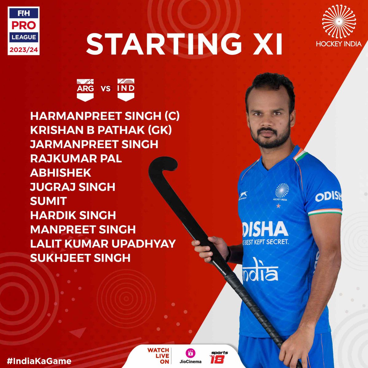 Here’s Team India’s starting XI ready to unleash their wrath against Team Argentina. 🇮🇳🏑 Ready to attack! 🔥 #HockeyIndia #IndiaKaGame #FIHProLeague #IndiaMensTeam . . . . @CMO_Odisha @FIH_Hockey @IndiaSports @Media_SAI @sports_odisha @Limca_Official @CocaCola_Ind