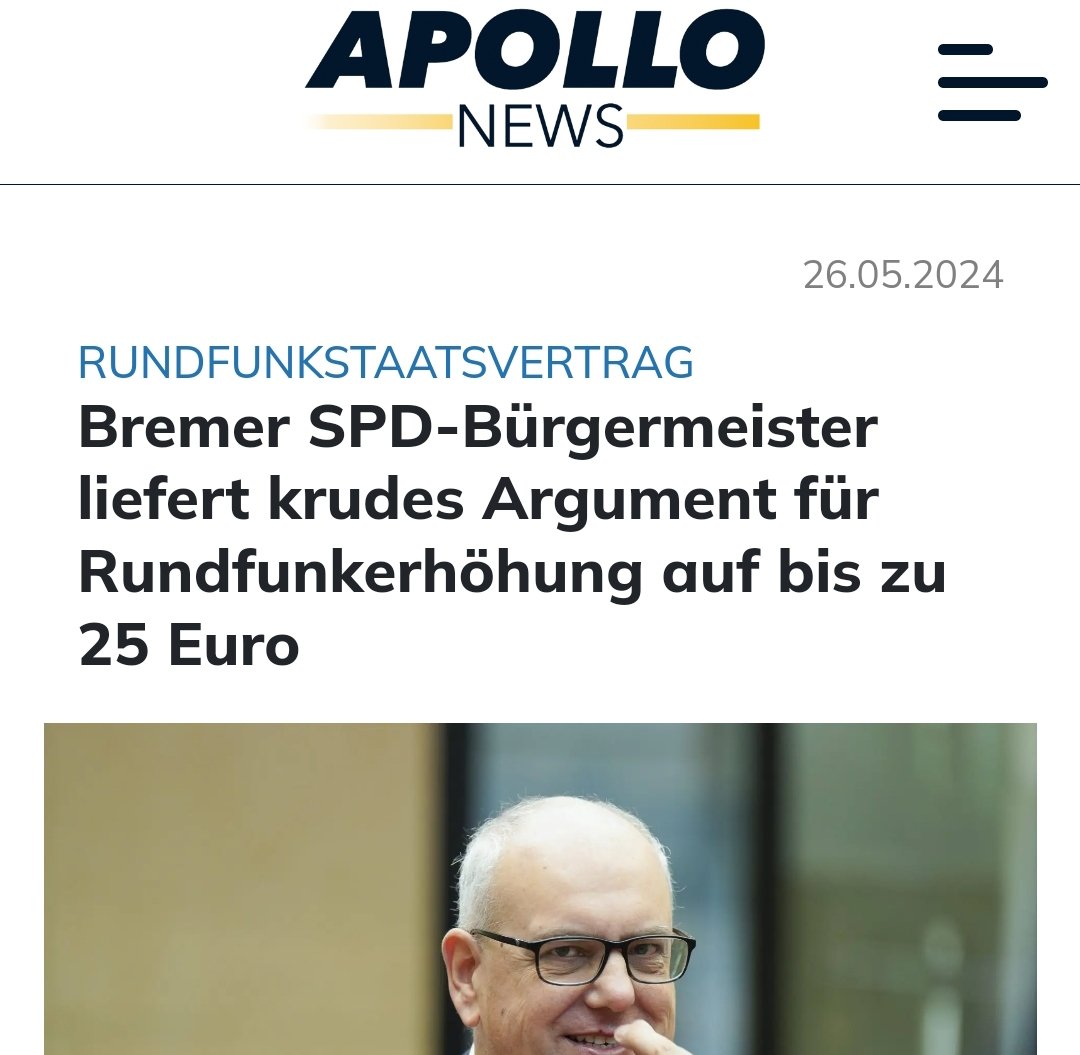 Bremer SPD-Bürgermeister liefert krudes Argument für Erhöhung bis zu 25 Euro
...dass die Rundfunkgelder in Relation zum BIP seit 2005 stark nachgelassen haben. 
Was zum Teufel hat BIP mit der #GEZ zu tun? Hauptsache, mit Schwachsinn die Erhöhung rechtfertigen.
Wer wählt sowas?🤡