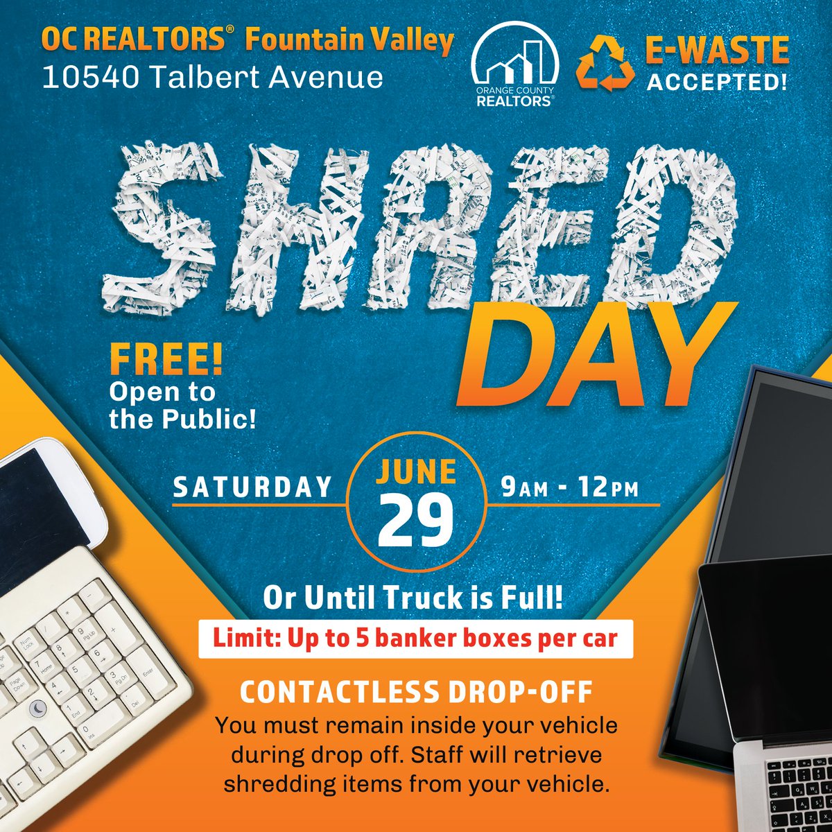 Missed our last shred day? Don't let this opportunity 'shred' away! Join us at our Fountain Valley office for our next event where you can dispose of documents and electronics! #theocrealtors #ocrealtors