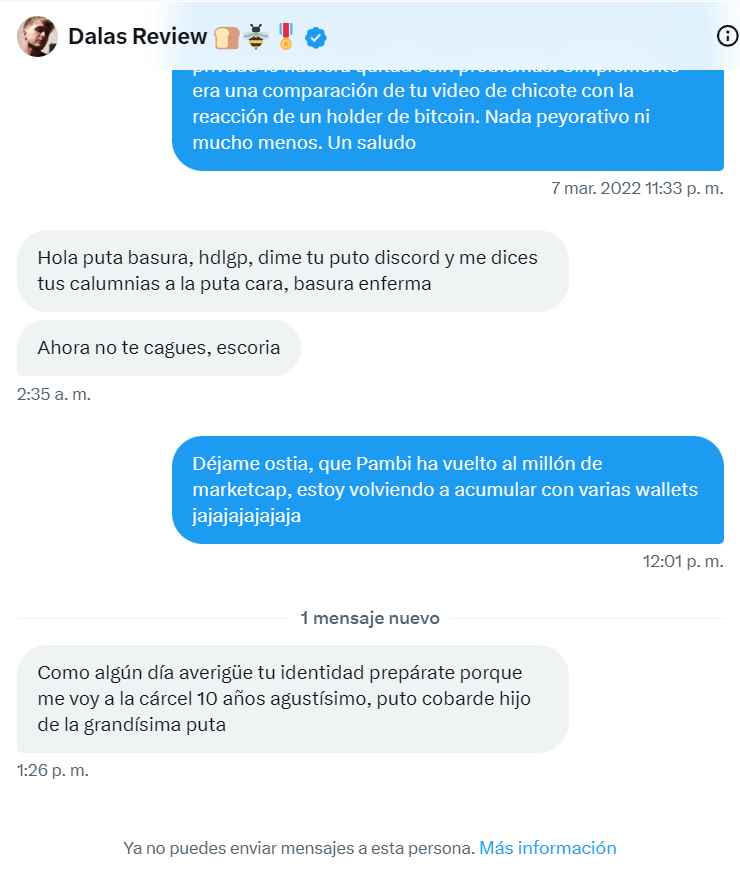 criptomussama's tweet photo. MENSAJE DIRECTO A DALAS REVIEW. Hacérselo llegar porque me ha bloqueado después de amenazarme de muerte jaja😆

Amigo, te has convertido en el hazmerreír de #cryptotwitter España y más meme que tu propia moneda $PAMBI

Has jugado a manipular el mercado incitando a tu propia comunidad a que holdeasen y comprasen tú moneda porque literalmente todo iba a subir y se iban a hacer ricos (De manera no irónica)

Te creías el jesucristo de las #cripto, yo mismo te dediqué tweets bullish porque me interesaba y sabía lo que finalmente iba a pasar

Tu video de 1h es completamente absurdo

Acusas a forocoches de manipular el mercado y tirarlo con frases como "Esto que han hecho es un delito, es manipulación"

Pero vamos a ver, ellos y la gente en general no puede manipular el mercado y tú si? jajaja

Osea tu puedes organizar grupos de discord, reunir ballenas para que no vendan e incitar a la gente a que compren y holdeen prometiendo que se van a hacer ricos manipulando el precio al alza pero nosotros no podemos vender cuando nos salga de los cojones?

Gracias por este espectáculo Reviu, nos lo hemos pasado teta sacando profits de tu moneda los que llevamos más tiempo en el mercado

No seas llorón con lo de las denuncias, debates etc. 

Es el mercado amigo, te has metido en nuestro mundo y has salido con el ojete ardido. A todos nos pasó lo mismo al principio. En el fondo entendemos lo tonto que eres

Vente pa Murcia que te invito a unas papas coño

Por cierto lo que dices en tu video de que si no hubiesen manipulado el mercado el token hubiese llegado a 0,3$ okey. 

Mi abuela si tuviera ruedas sería una bicicleta