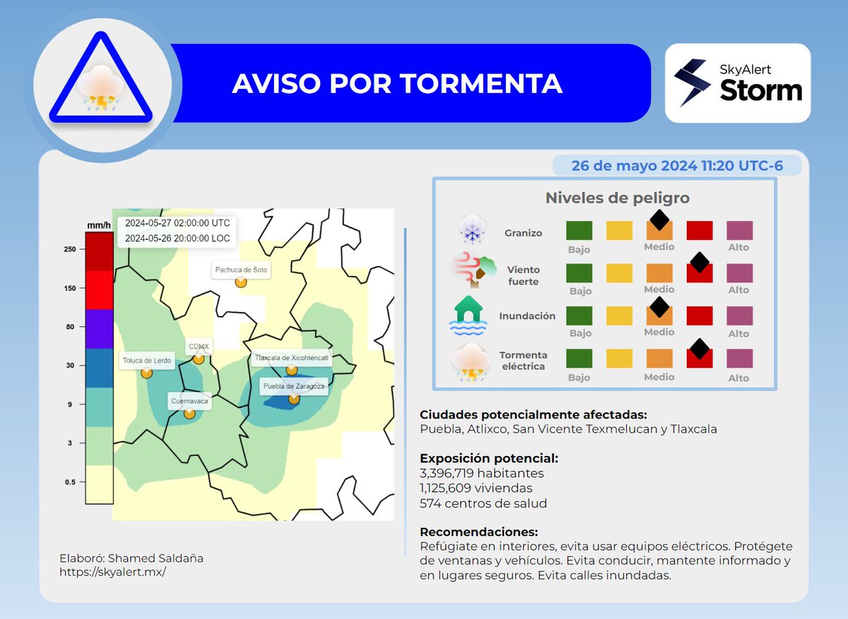 SkyAlertStorm's tweet photo. ⛈️🔵⚠️AVISO por #tormentasevera en #Puebla y #Tlaxcala: Se pronostican, entre las 19 y 21 horas (local), vientos fuertes con probabilidad de formación de tornados, #lluvias, caída de #granizo y probables inundaciones en zonas urbanas. Se recomienda tomar precauciones.