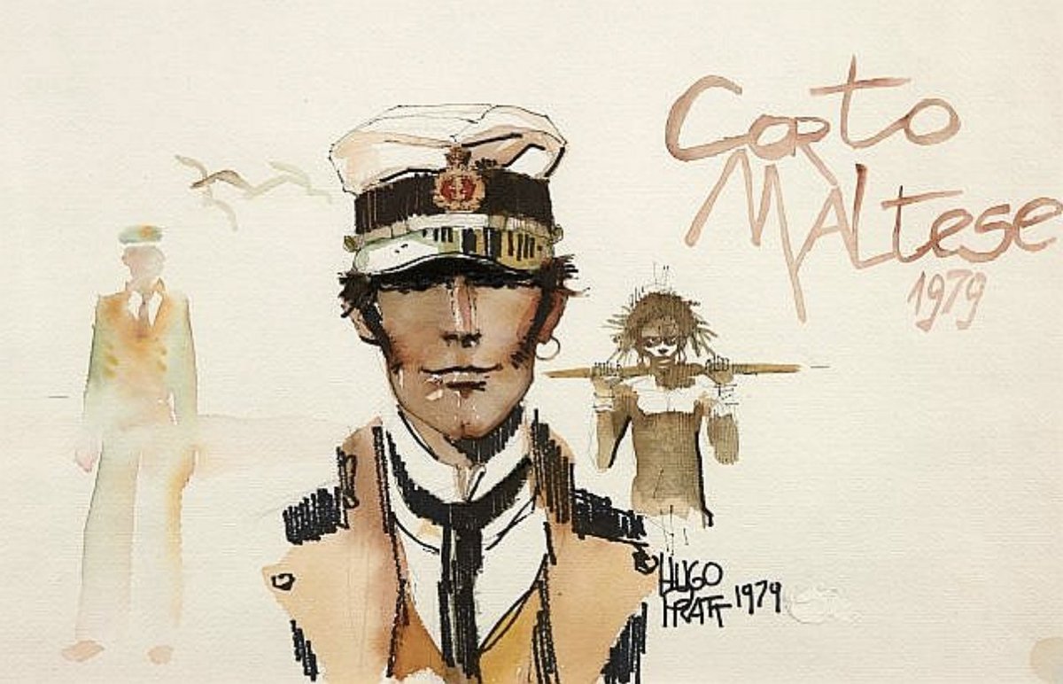 Corto Maltese. Magnifique encre de chine + aquarelle + feutre + gouache blanche par Hugo Pratt (1979), pour Les Ethopiques.