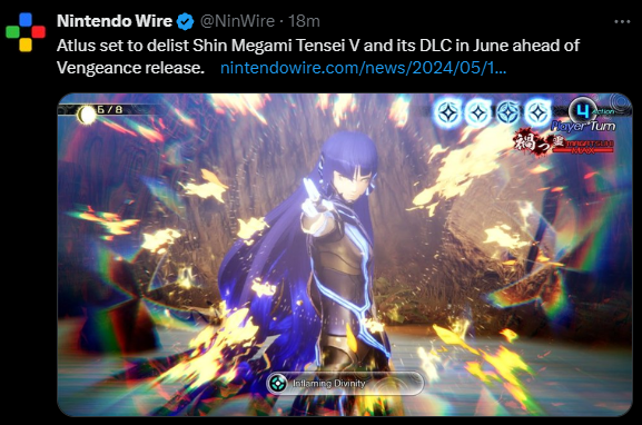 SYACVG's tweet photo. The game and its DLC will be delisted from the eShop on June 13, 2024. https://t.co/xN86XdzonZ