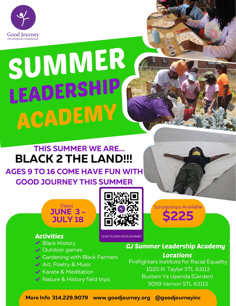 🌞 The Summer Leadership Academy is right around the corner! 🌞
THIS SUMMER WE ARE... BLACK 2 THE LAND!!! Ages 9 to 16, have fun with Good Journey from June 3 - July 18!

For more information visit goodjourney.org
SCAN TO JOIN GOOD JOURNEY