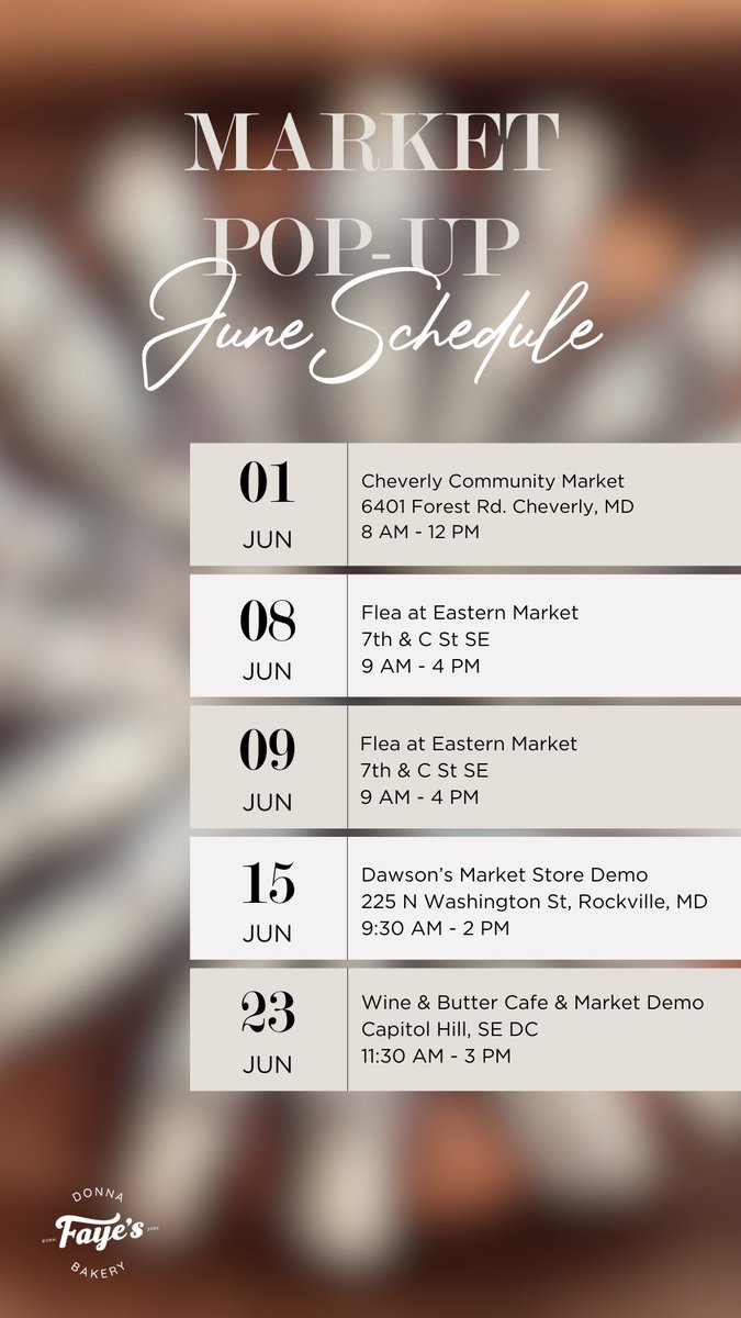 Our June schedule is up! 

Market your calendars 😋

#localbusiness #localbakery #donnafayesbakery #dmvfoodies #only1DC #bakery #washingtondc